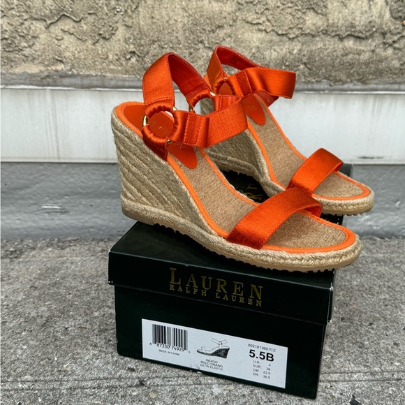 Lauren Ralph Lauren Espadrille Wedge Sandals Orange Size 5.5 - Picture 2 of 6
